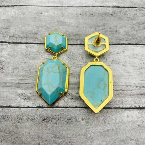 Natural Turquoise Stone with Gold Toned Statement Dangle Earrings - Picture 3 of 4
